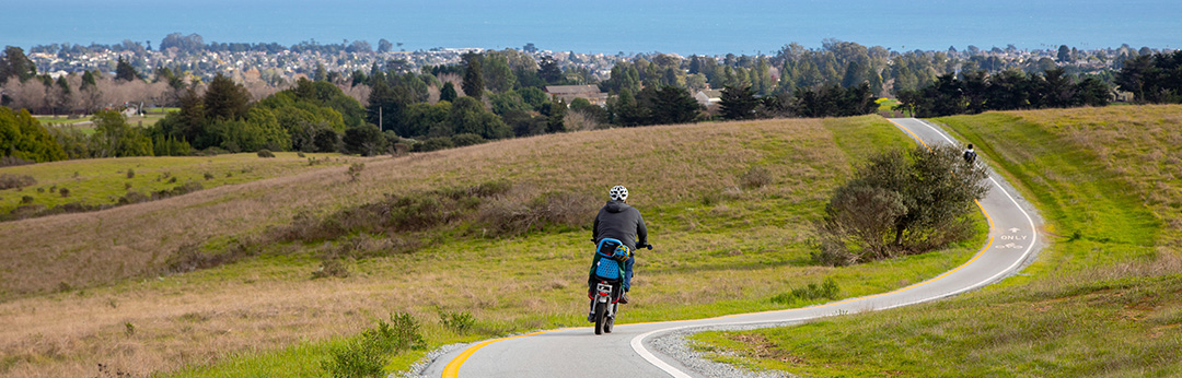 Scnic photo of the UCSC Bike Path looking out over the City of Santa Cruz and the Monterey Bay
