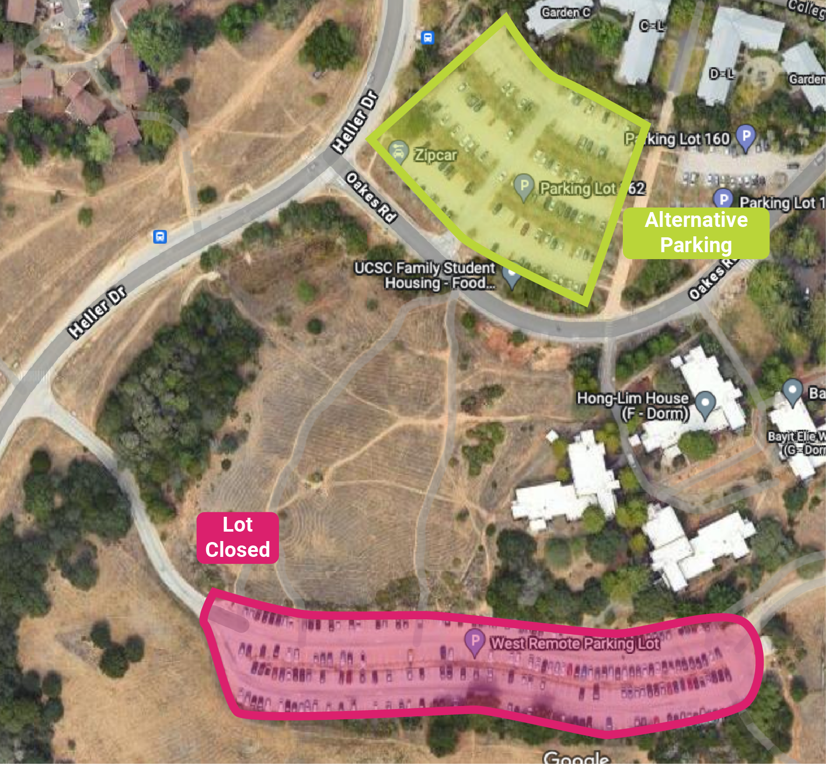 map showing the location of the closed West Remote lot and available alternative parking location