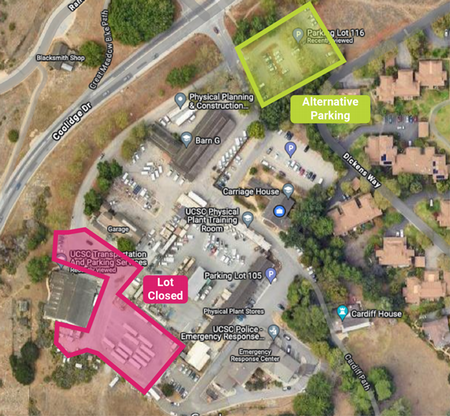 map showing the closed lot 137 and available alternative parking location 